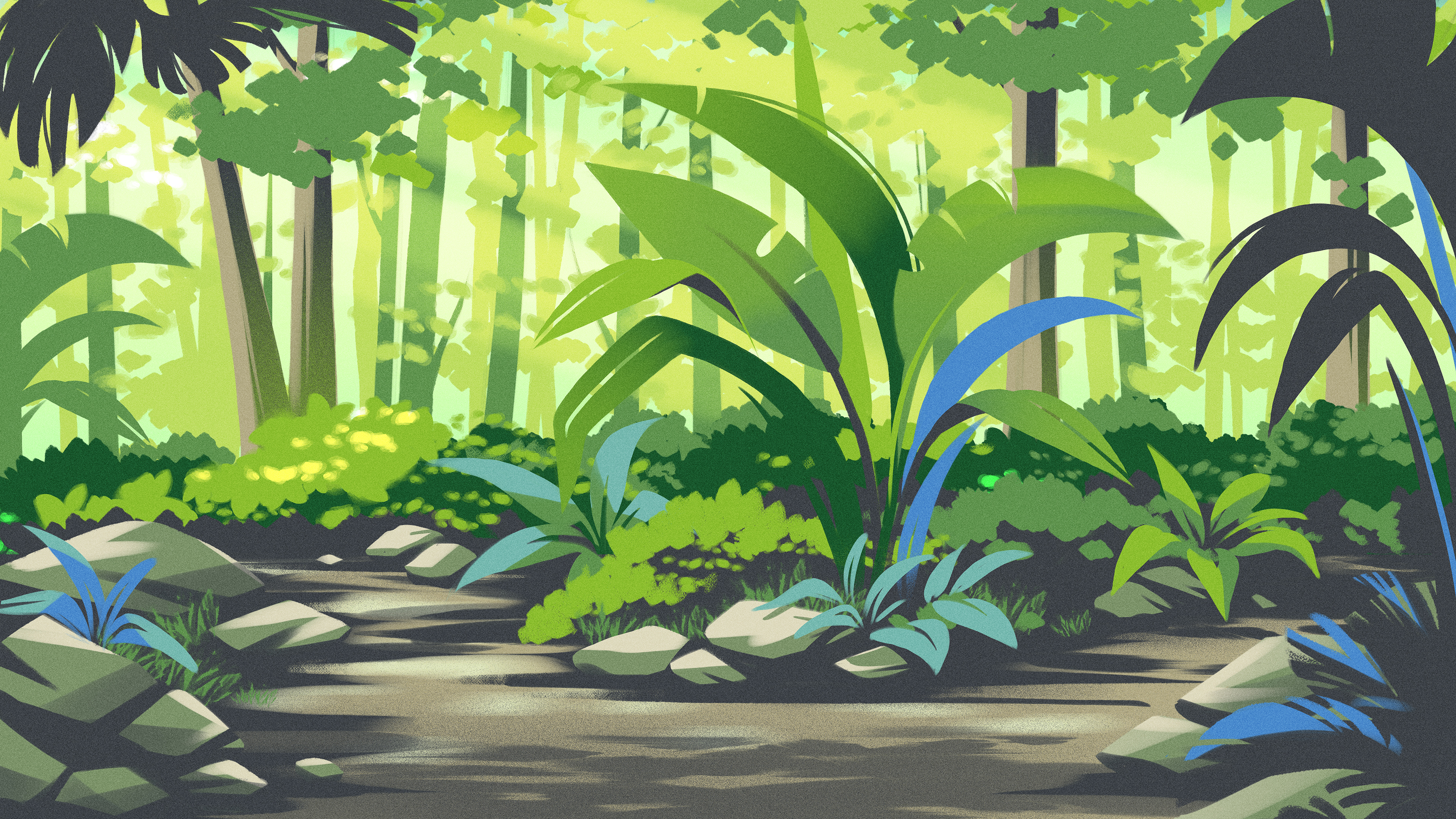 Sunny day in the forest colorful ecosystem forest grass green illustration indonesia nature palm tree path plants rainforest texture tree tropical vegetaation