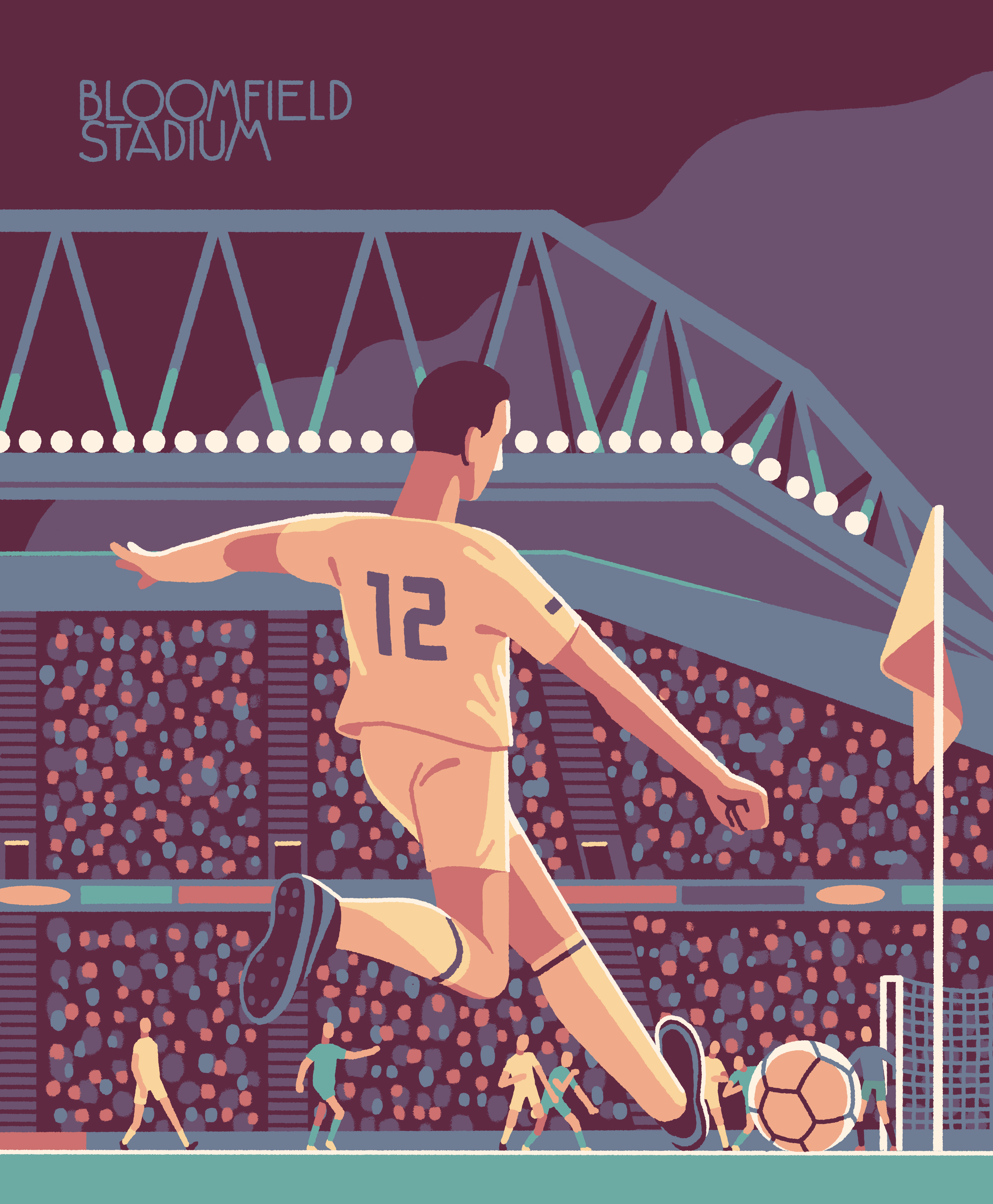 Bloomfield Stadium corner shot football illustration match player soccer sports stadium