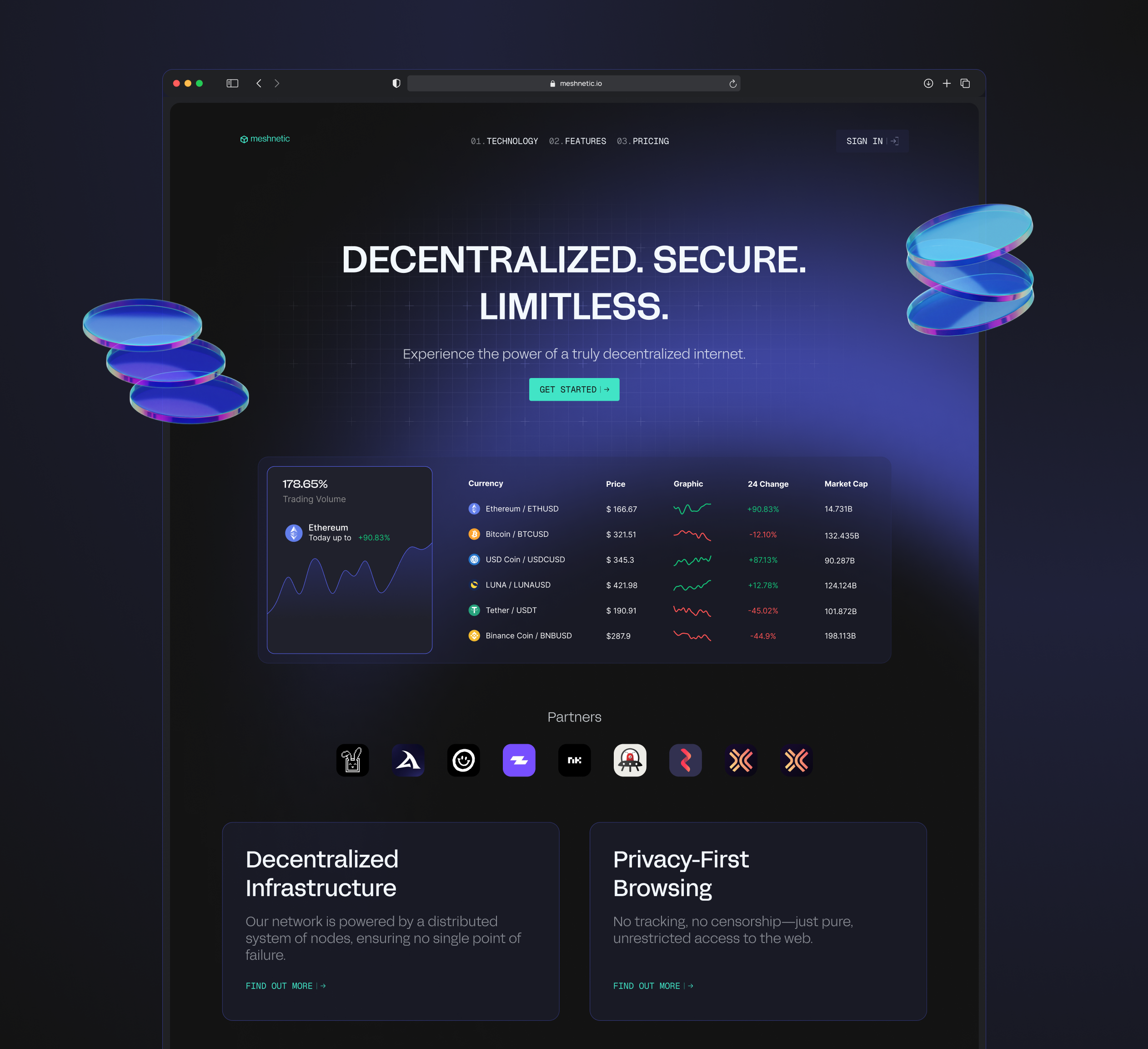 Landing page for Meshnetic blockchain cryptodesign landingpage web3