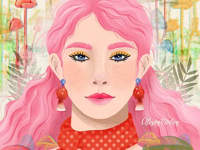 DTIYS Mushrooms character design design drawing challenge editorial design female face female illustrator fun with faces hand drawn illustration magazine cover mushrooms pink hair portrait procreate