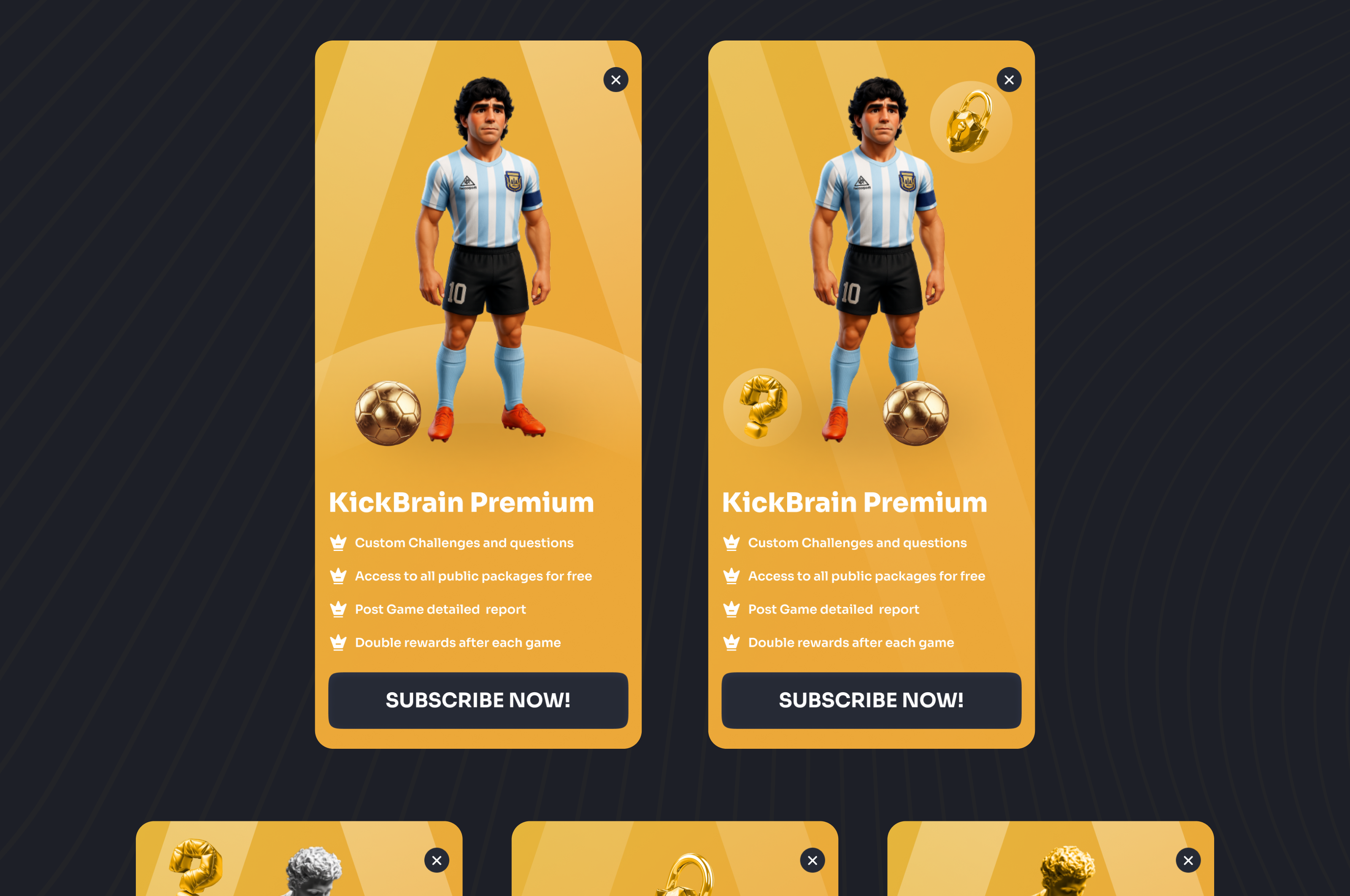 KickBrain Premium Subscription app character design football game gold graphic design illustration interface maradona mascot mobile premium quiz subscription ui user ux