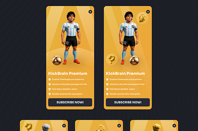 KickBrain Premium Subscription app character design football game gold graphic design illustration interface maradona mascot mobile premium quiz subscription ui user ux