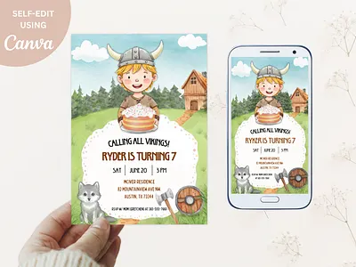 Viking Boy Birthday Watercolor Invitation, Print & Mobile viking invitation