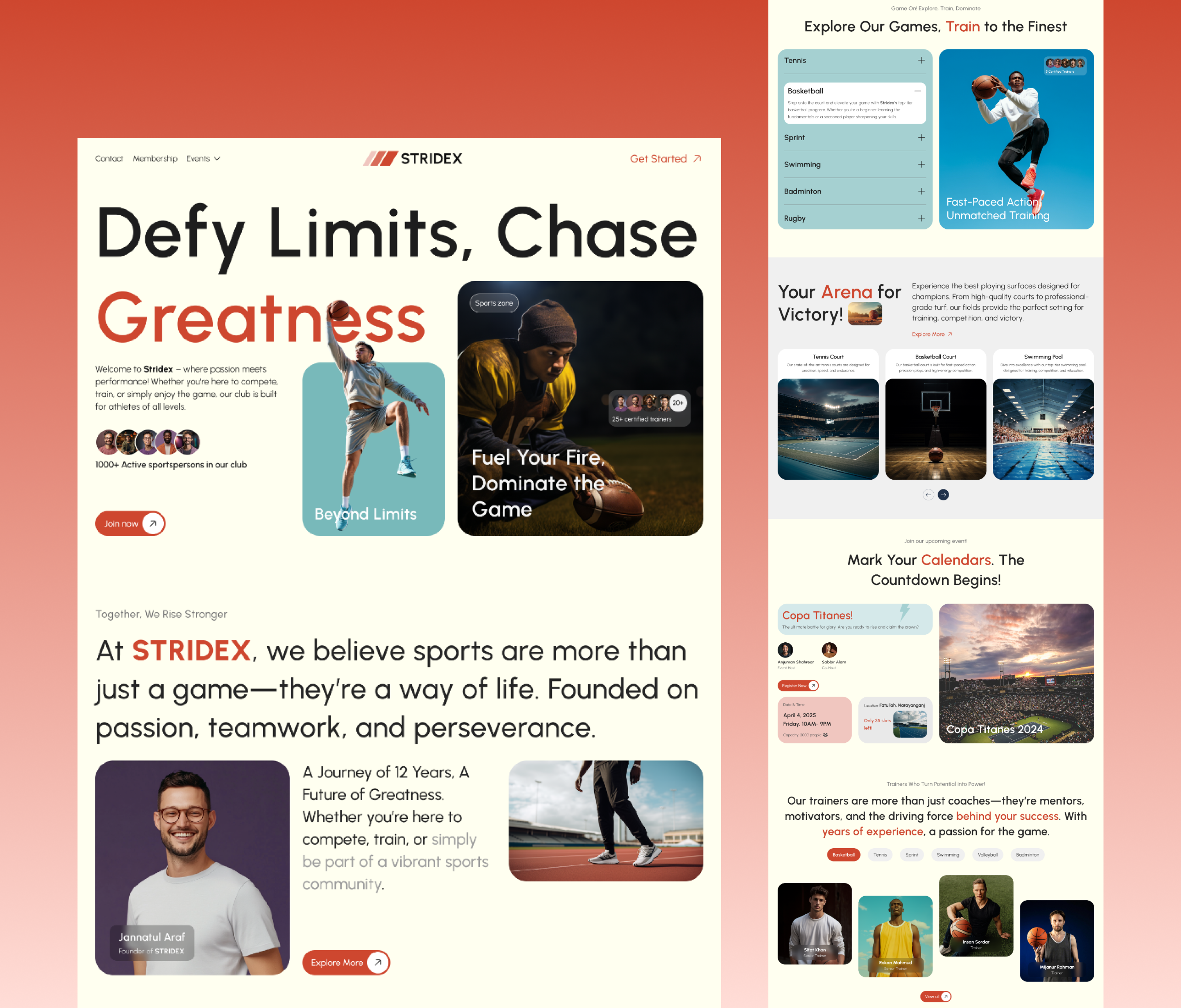 Sports Club Website Landing Page (Stridex) athletelife clubwebsitedesign creativelandingpage dailyui designinspiration dribbbleshots figmadesign landingpagedesign modernwebdesign responsivedesign sportsclub sportswebsite sportyvibes teamwebsite uiuxdesign uxuidesigners webdesign webdesignerlife webdesigntrends websiteui