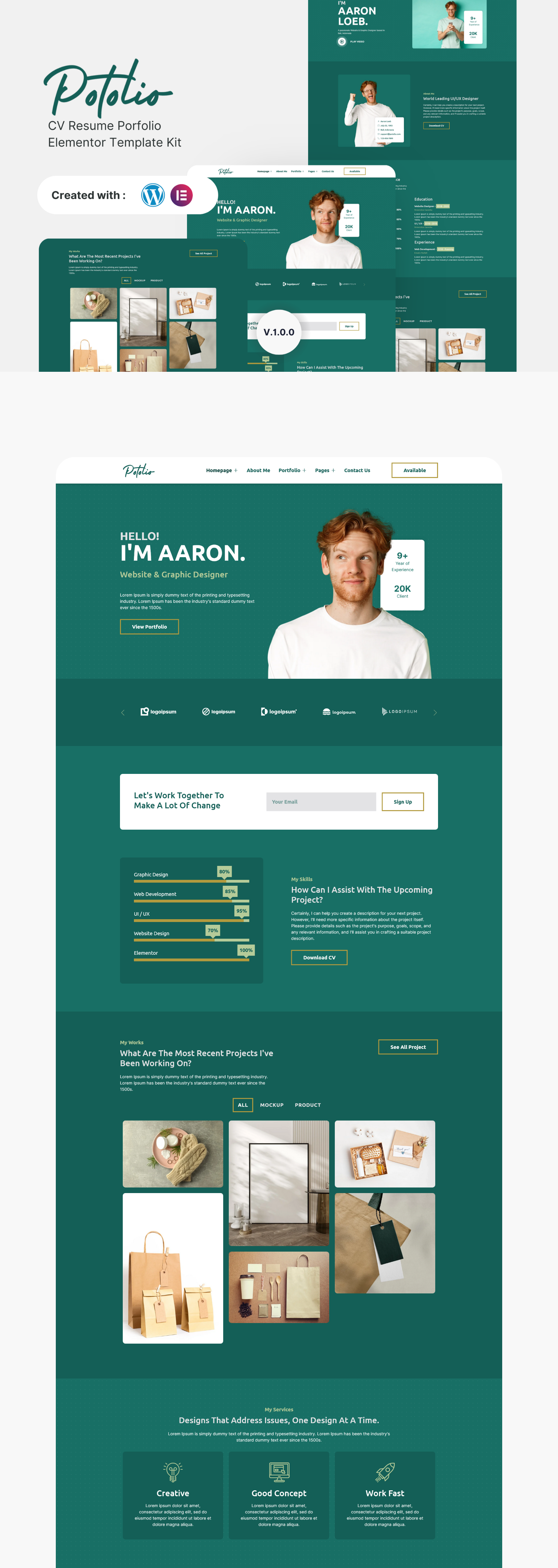 Potolio - CV Resume Porfolio Elementor Template Kit branding creative cv elementor freelance modern online cv personal portfolio profile resume ui ui design ux ux design vcard website wordpress