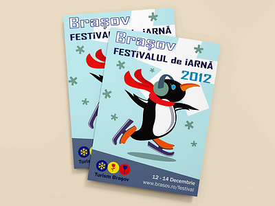 Romanian Winter Festival Poster brasov celebration children cold culture cute event festival flat flyer ice skating illustration penguin poster snow winter