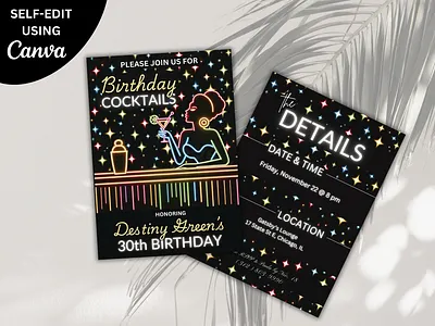 Retro Neon Glam Birthday Cocktail Invitation, Print neon glam cocktail invitation