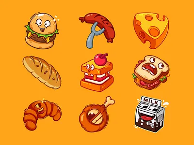 Variety of Dishes Illustration 🍽️ art bread burger cake cheese choco milk croissant drumsticks food illustration sandwich sausage vector