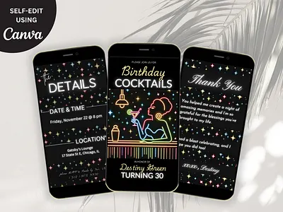 Retro Neon Glam Birthday Cocktail Invitation, Mobile retro glam neon invite