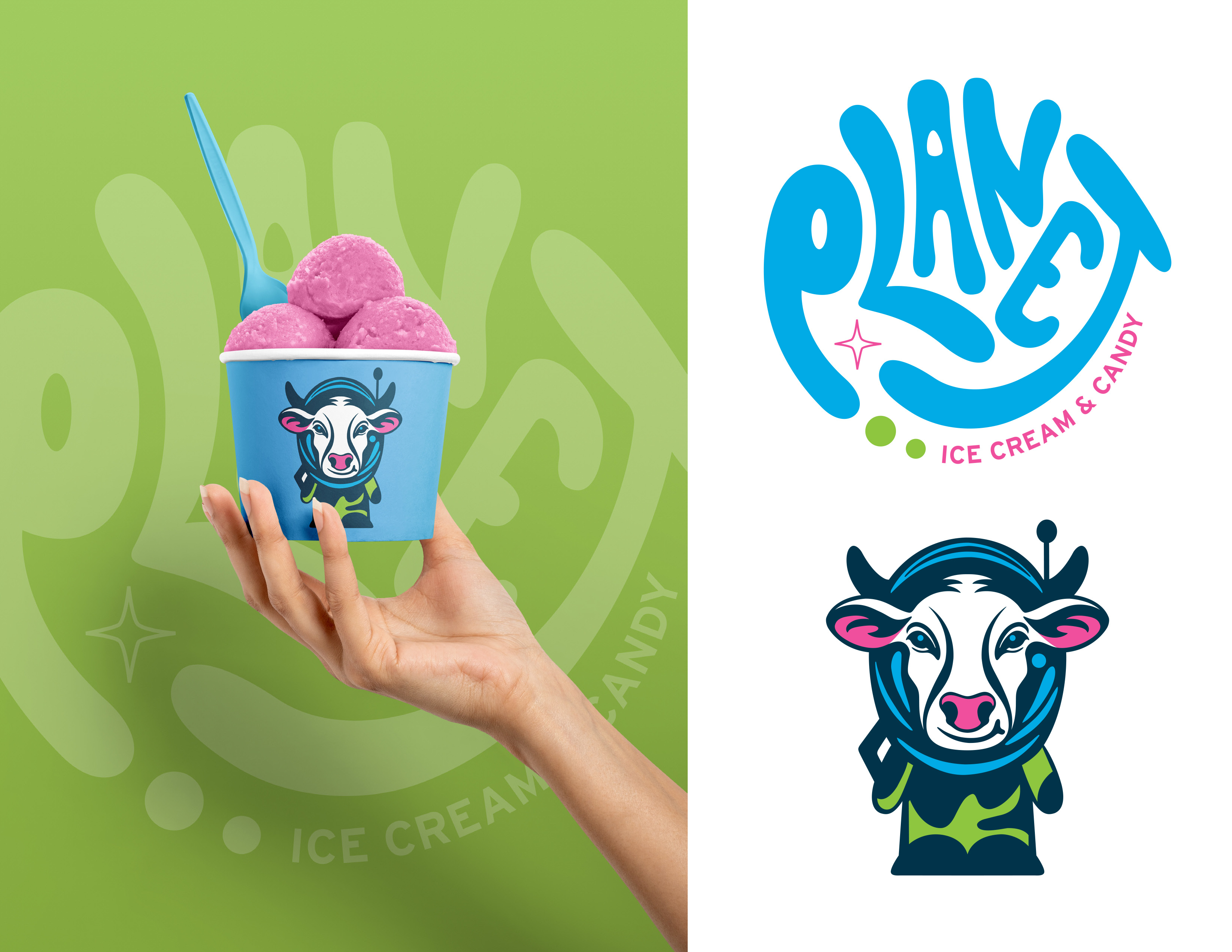 Logo Design & Branding for Planet Ice Cream & Candy animal logo astronaut branding branding design candy cow cow logo ice cream icon lettering logo logo design logo designer logotype space space animal type typography vector wordmark