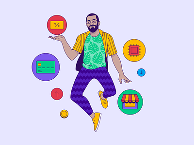 Character with Payment Methods beard card card payment character crypto gift cards glasses hellsjells illustration jumping male man methods payment shirt webshop