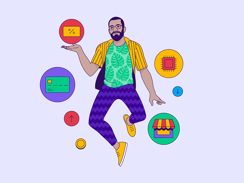 Character with Payment Methods beard card card payment character crypto gift cards glasses hellsjells illustration jumping male man methods payment shirt webshop