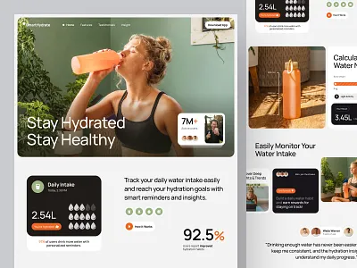 SmartHydrate - Water Tracker Landing Page analytics figma health landing page hydration landing page smart hydrate smart reminder ui design ui ux water tracker water tracker app web design website design