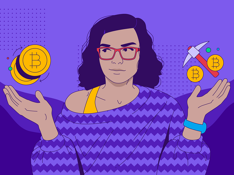 Blog Cover - Trading vs Mining bitcoin character crypto crypto market fintech girl glasses hellsjells illustration mining mining vs trading paxful portrait purple trading woman