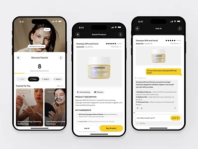 Skiny - AI Skincare Cosmetologist Mobile App ai analytics app assistant beauty cosmetics design face health healthcare makeup minimalist mobile mobile app mobile design product skin skincare ui ux