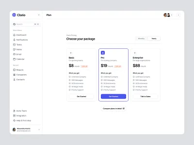 Clario - CRM Pricing & Plan clean crm dashboard design figma finance price pricing and plan saas saas design ui uidesign ux uxdesign