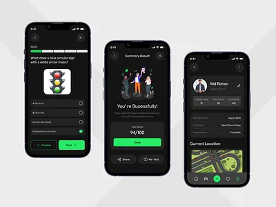 Driving Theory mobile app answer qusetion app design application car app car text app dark driving app driving school driving test driving theoty app intersection ios mobile mobile app question ui ux