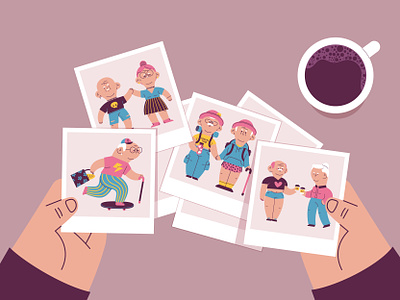 Old people without stereotypes 2d adobe illustration cartoon character coffee colors cute funny illustration men old oldpeople people photos polaroid vector vectorart women