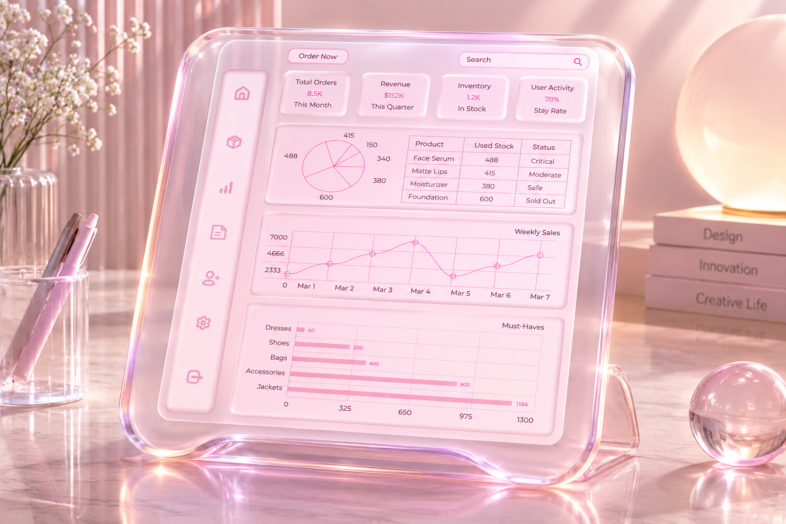 3D Neomorphism SaaS Dashboard 3d design 3d frosted glass 3d neomorrphism clean ui dashboard dashboard ui fashion dashboard fashion design fashion ui forested pink glass futuristic ui hybrid design latest trend minimal ui modern design neomorphisim saas dashboard simple design sleek ui ui design