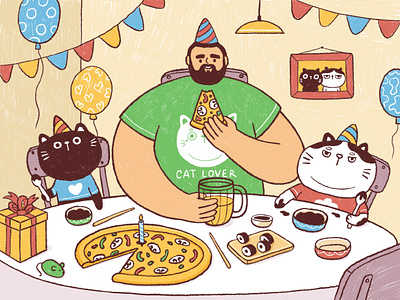 Carlos and his cats birthday boy cat cats character cute drawing eating food funny holiday illustration man procreate