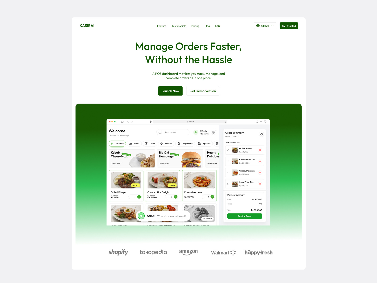 KASIR AI - POS Dashboard Website - Hero Section admin cashier dashboard design landing page order pos pos admin product restaurant saas saas website ui ux web web design website