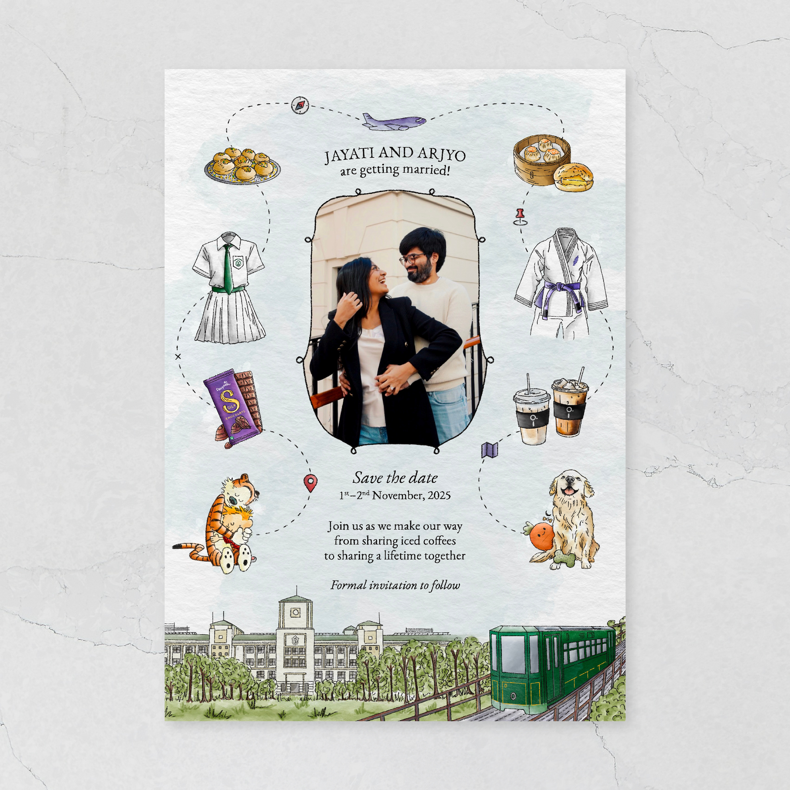 Custom Illustrated Watercolor Wedding Invitation coffee custom illustration custom invite dimsum hand drawn hong kong illustration invitation invite journey mock up pastel print procreate watercolor watercolor illustration wedding wedding invitation