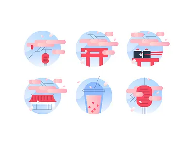 Hanami season asia design flat hanami highlight icon illustration japan nature round badge set sign spring