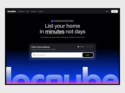 locqube: hero section address ai animation artificial intelligence branding buy design gradient hero home landing page property sell ui web website