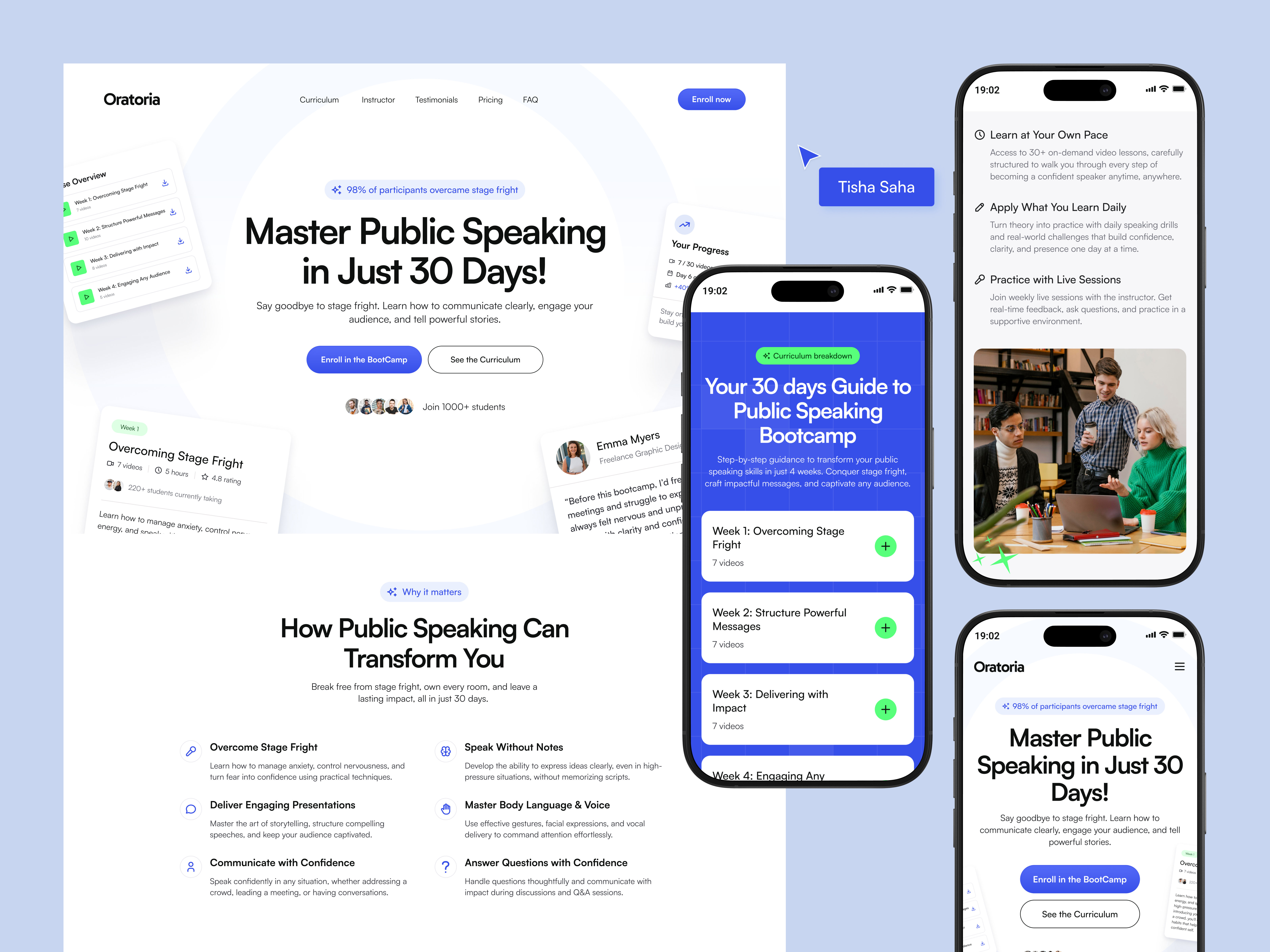 Online Course | Responsive Landing Page Design black blue bootcamp clean layout design conversion focused design course sales educational figma header design hero section design landing page design online course pricing section responsive design testimonials ui design uiux design uxui design web design website design