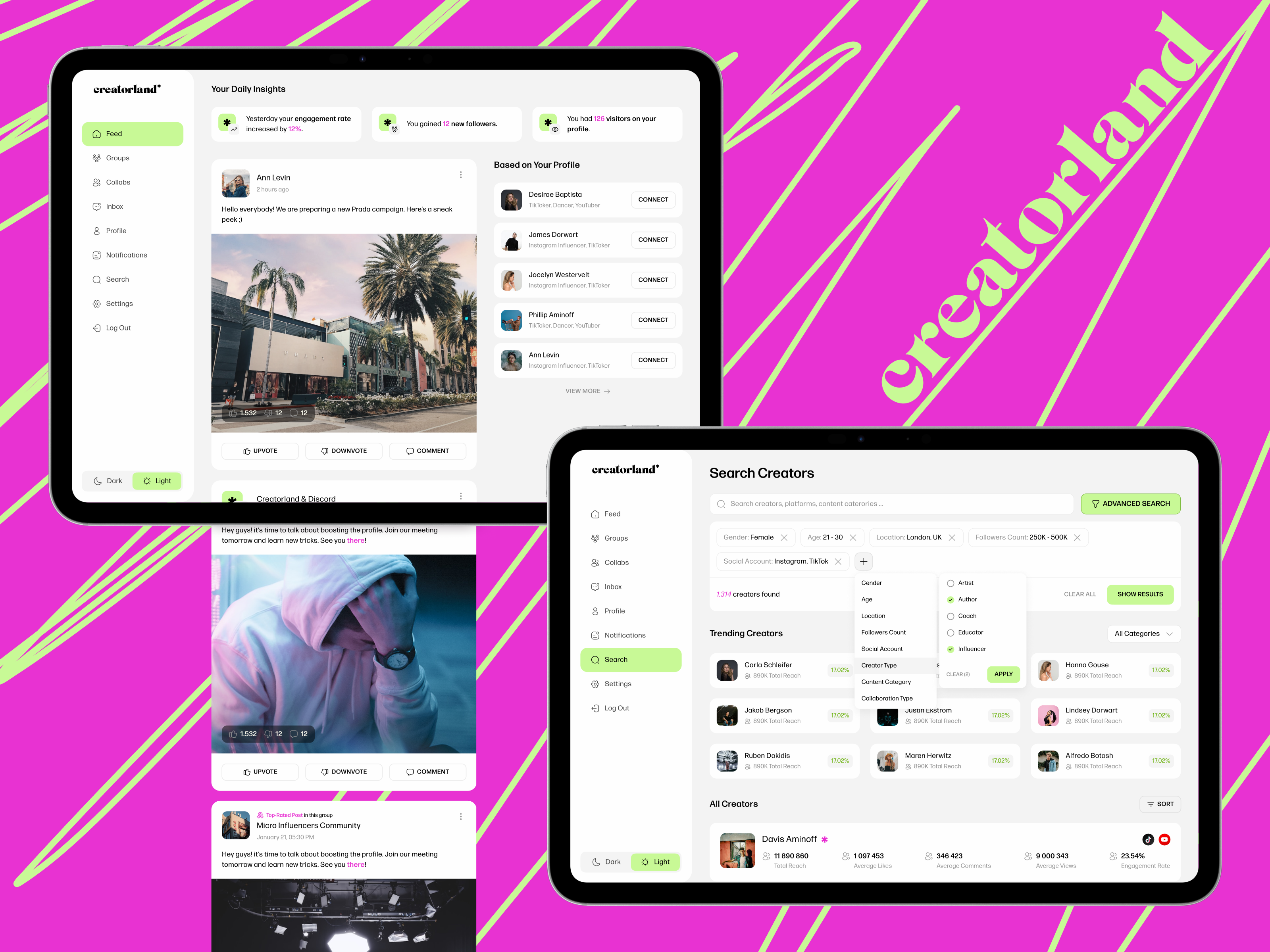 Creatorland – Influencer Marketing Web App Design app app interfaces app screen influencer dashboard influencer landing page influencer logo influencer marketing influencer website modern app modern app logo modern web app product website progressive web app social media dashboard social media ui talent management talent website web app web dashboard webapp