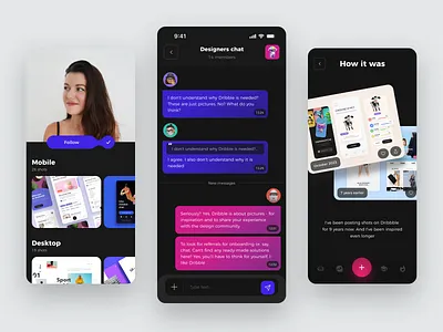 9 years on Dribbble 🎉 chat dark theme design inspiration dialogue dribbble ios main screen mobile mobile screens ui