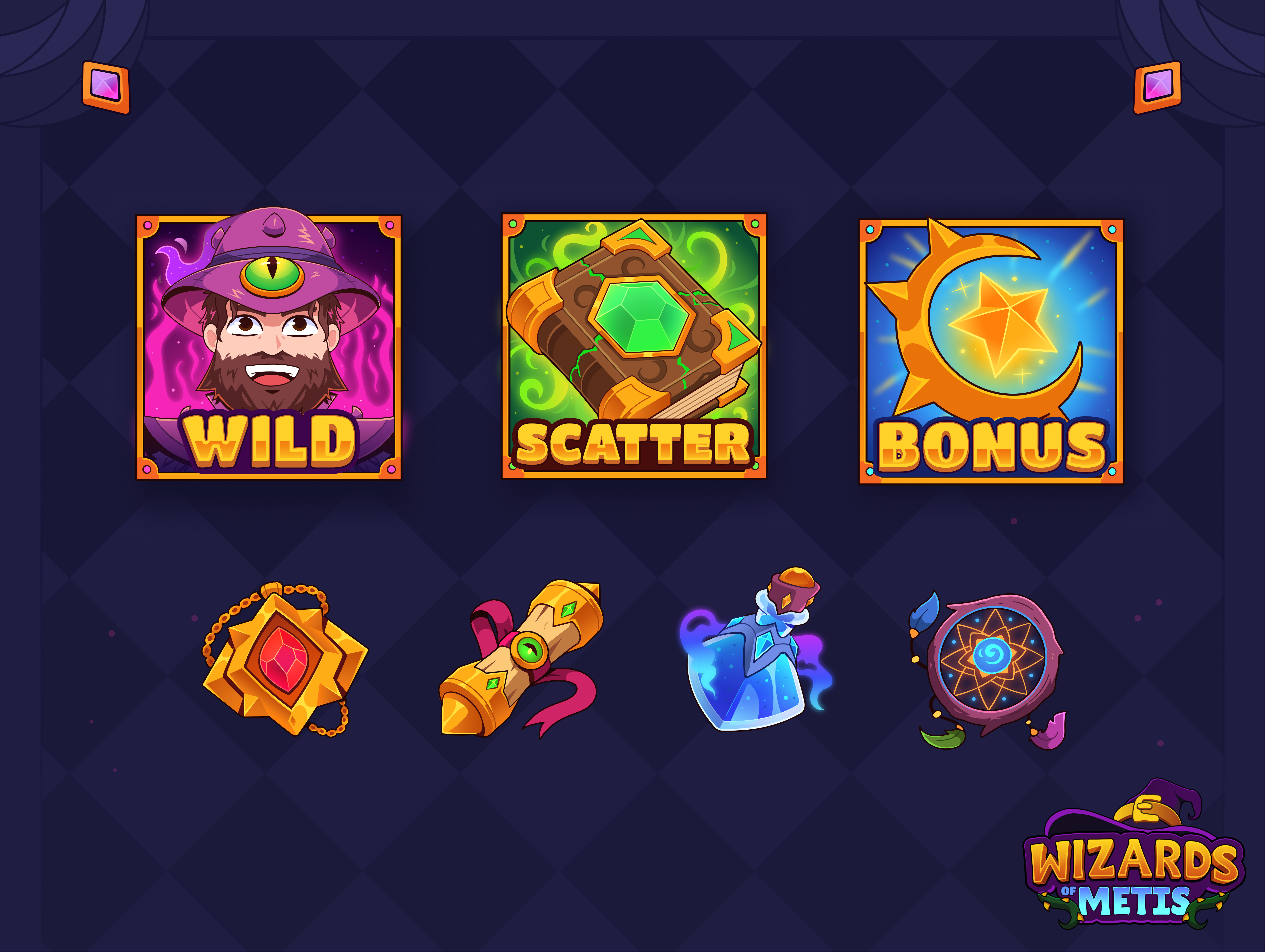 Wizards of Metis: Game icons 2d cartoon style icon icons illustration magic slot icons symbol wizard