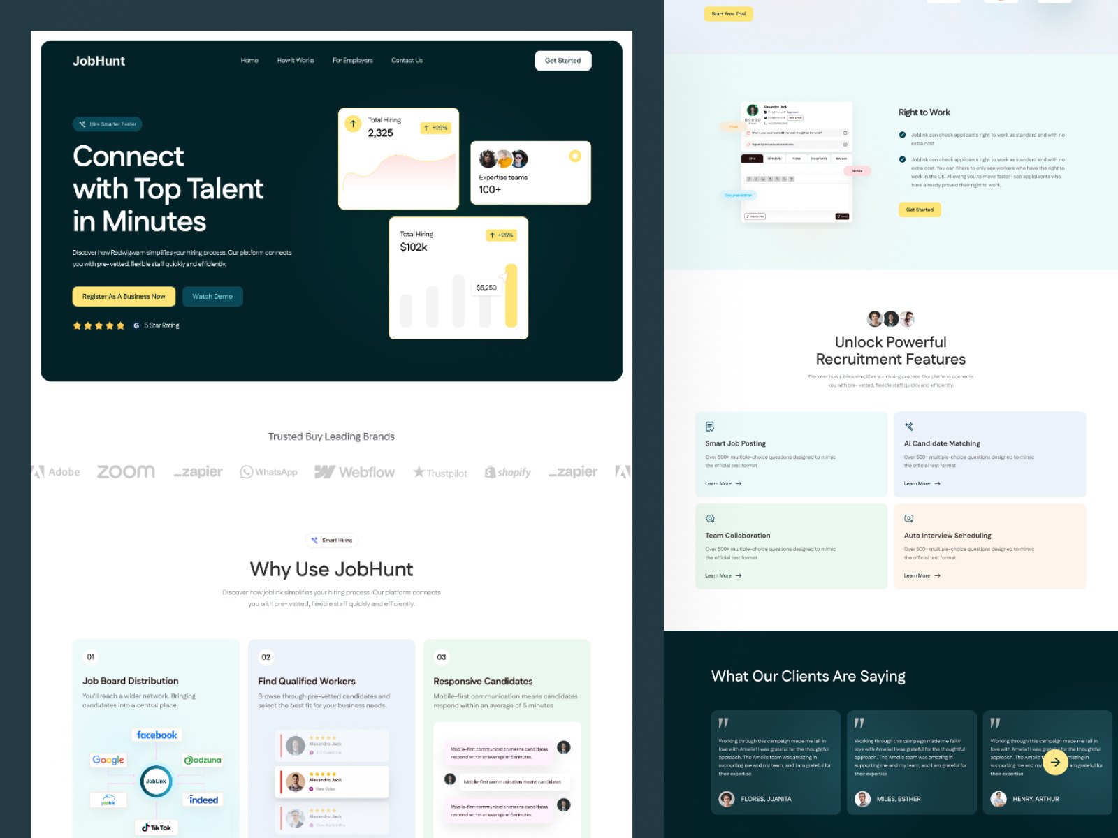 Smart Hiring in Minutes – AI SaaS Landing Page UI ai aiplatform cleanui dashboarddesign figmadesign hiretalent jobplatform modernui productdesign recruitmentplatform saas saaslandingpage smartrecruitment startupdesign techdesign ui uidesign uiux uxdesign webdesign