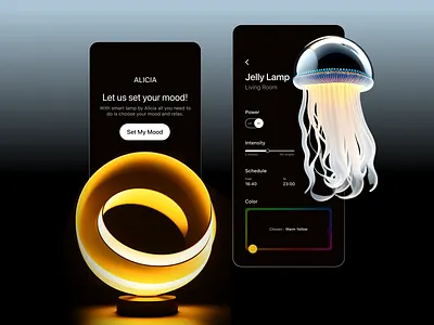 Alicia I Online Lamp Store 3d ai branding dark design futuristic iphone lamp light logo minimal mobile mobile design mockup modern mood setting ui user interface ux