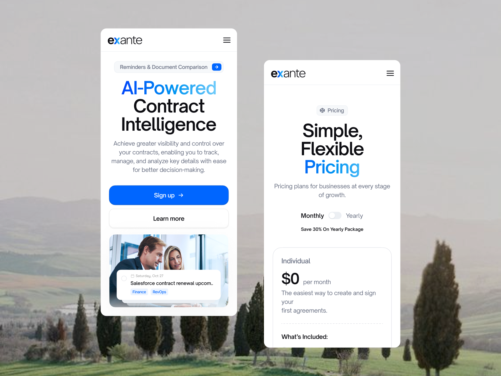 Example of Exante Landing Page Design - Mobile Web