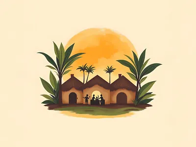 Vibrant Tropical Village Scene with Thatched Huts traditional huts