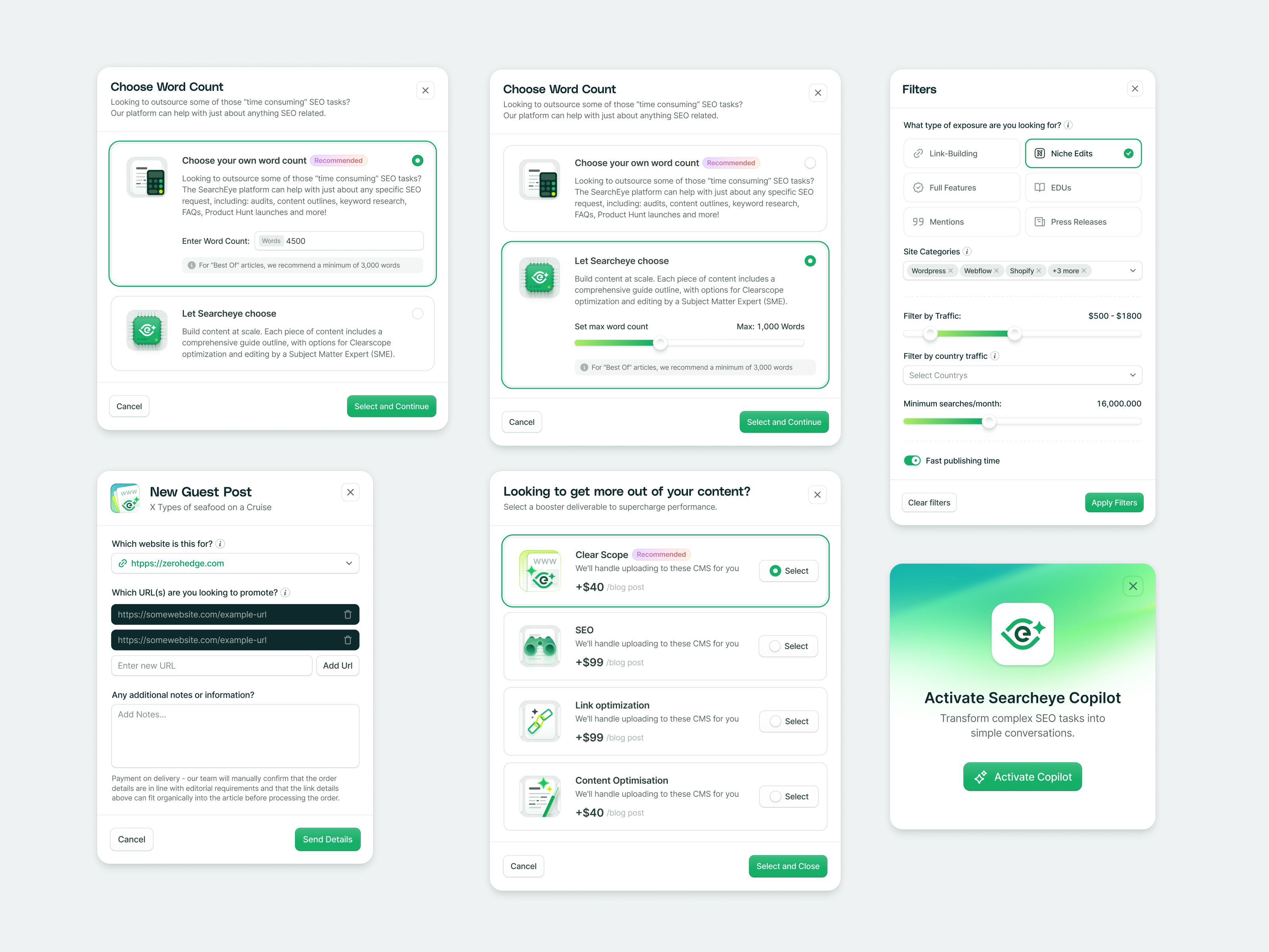 Various Modals dashboard design system modal product design saas seo user user flow web app