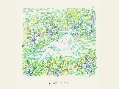 between the orchard rows botanical color color palette colored pencil figure fruit illustration plants sketch texture woman