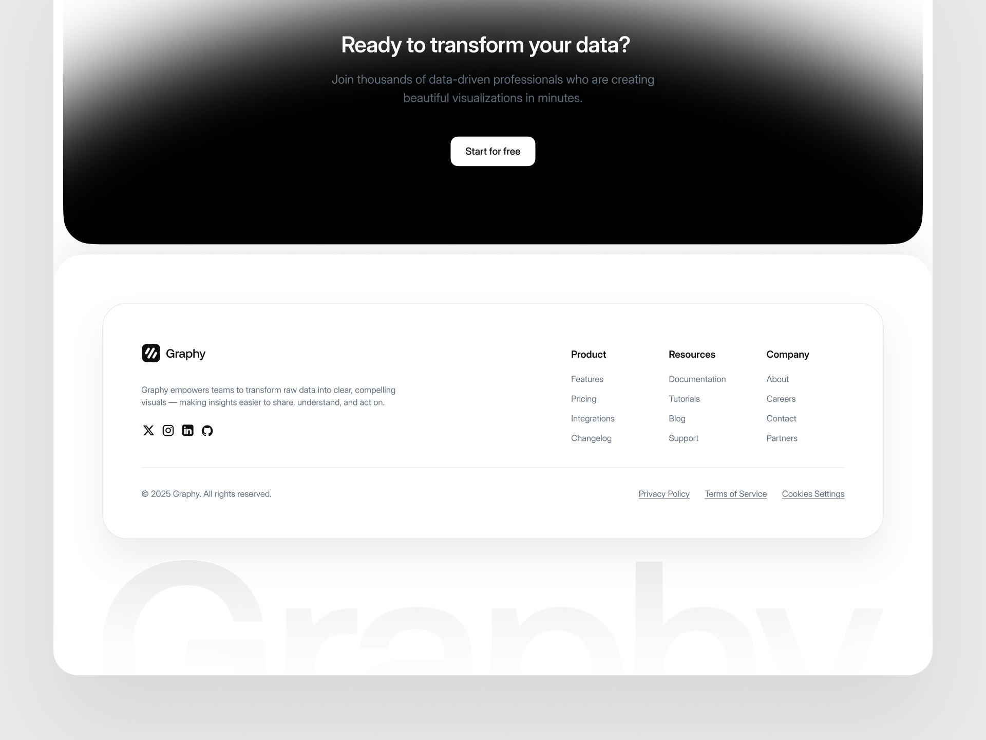 Graphy – SaaS Website footer design black cleanui concept design figma footer landing page minimal redesign saas ui uidesign ux uxdesign website white