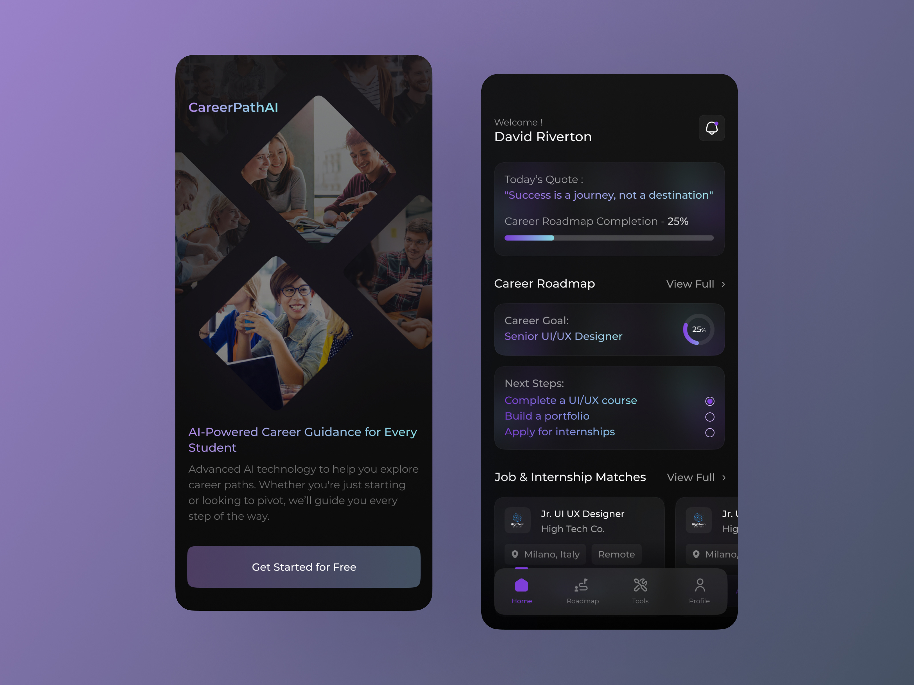 Career Path - AI-powered career guidance ai ai app app design app ui app ui design app ui ux app ui ux design branding design education education app illustration mobile app mobile ui platform saas saas apps ui