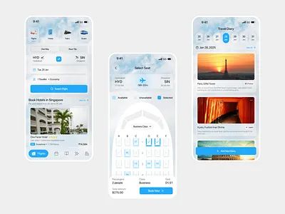 Modern Travel App UI - Book Flights, Hotels & Plan Your Trip booking clean design design designoftheday dribble dribblebestdesign flightbooking minimal mobileapp morden seatselectionu trainbooking travel travelapp trending trending2024 trending2025 tripplanner ui userfriendly