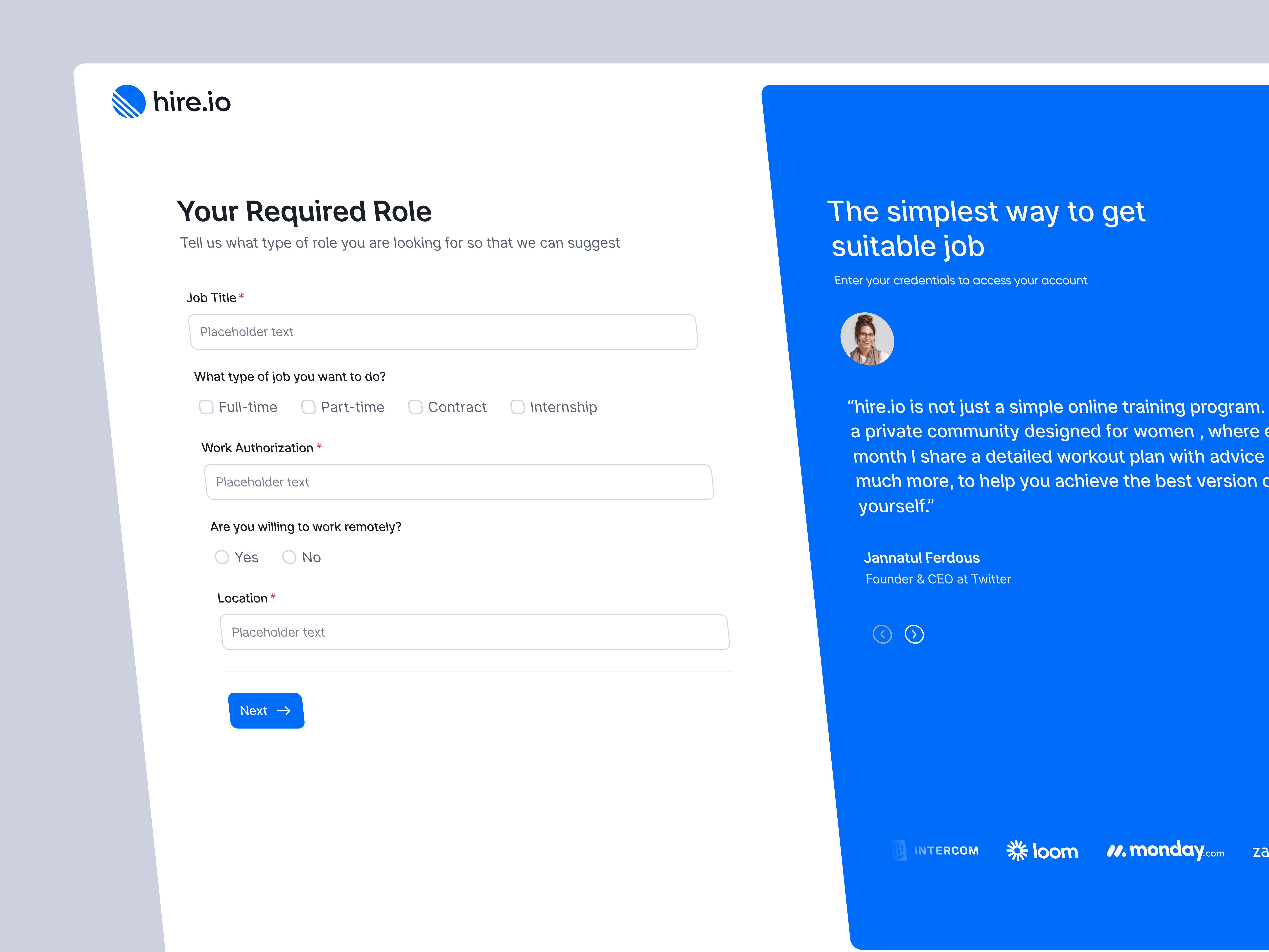 hire.io - Applicant Onboarding UI ai aicopilot airecruit cleanui designsystem figmadesign formdesign jobportalui jobsearchplatform minimaldesign modernui onboarding onboardingflow productdesign recruit saasdesign splitlayout uidesign uxdesign webdesign