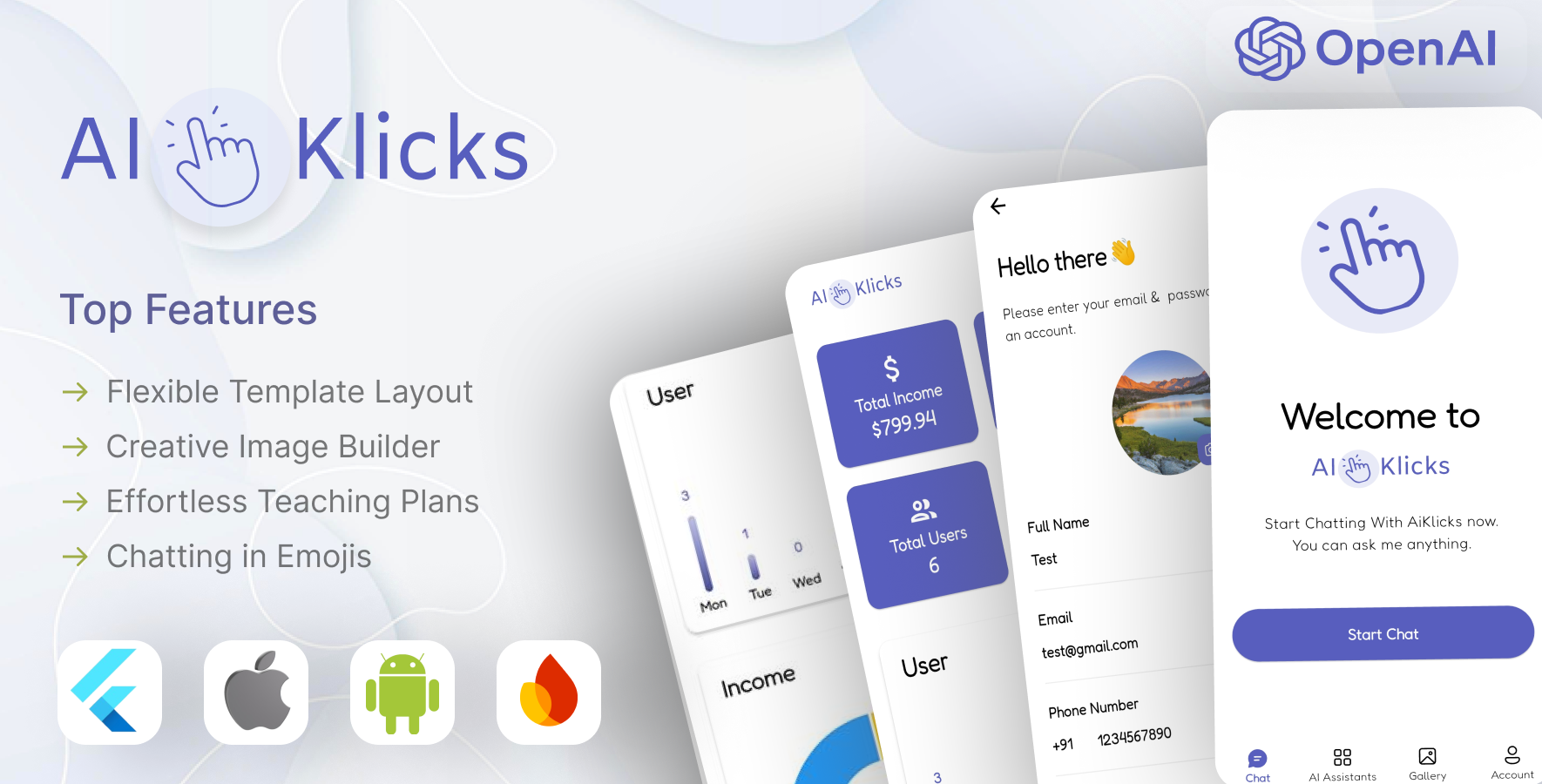 AI-Powered Flutter Mobile App UI- AiKlick aiappdesign aichatapp aiimageeditor aipowered aiwritingassistant appdesign2025 artificial intelligence chatgpt creativeai flutterappdesign flutterui mobileai mobileappdesign mobileui openai productivityapp promptgenerator texttospeech voiceassistant voicetotext