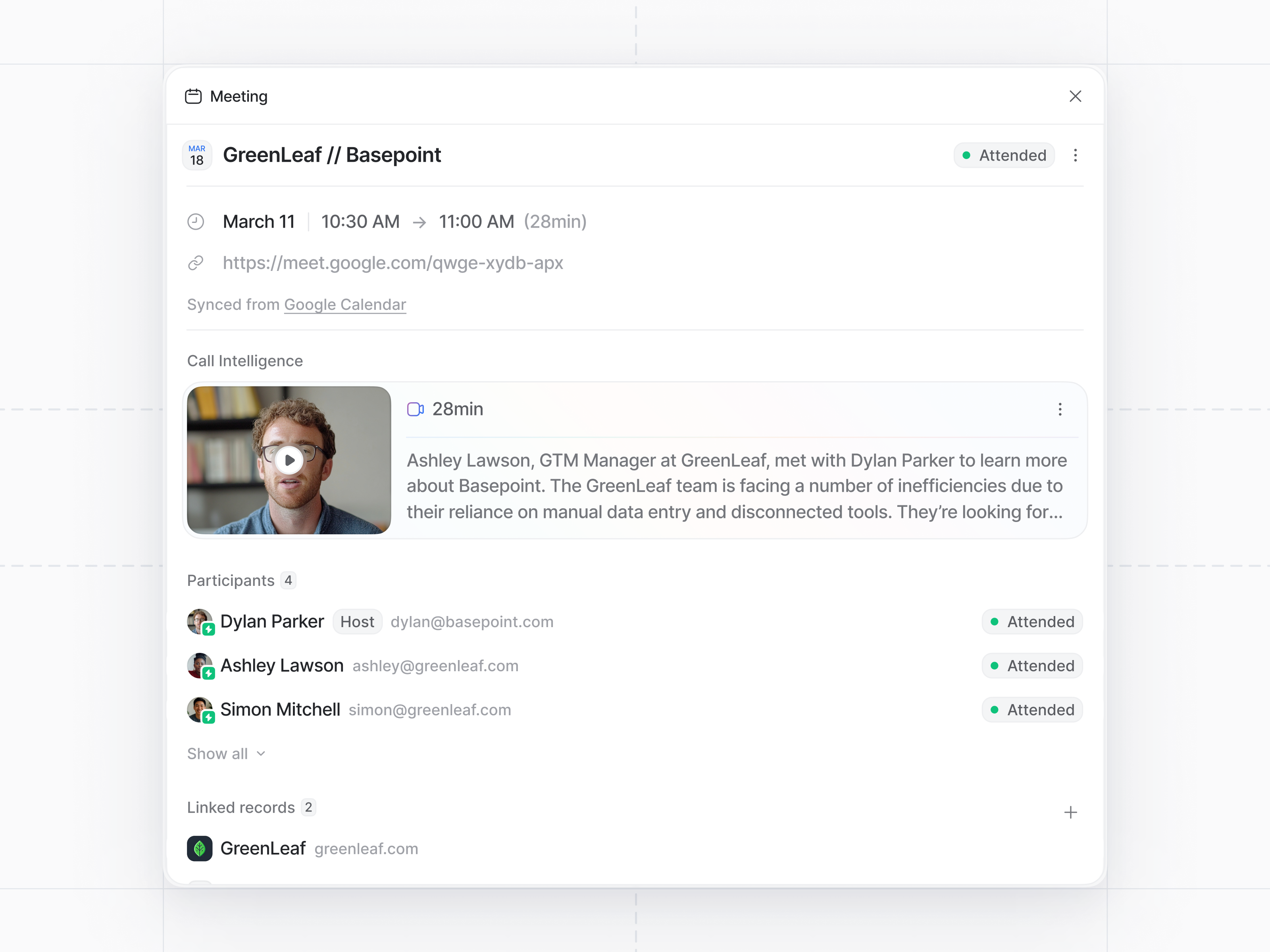 Attio – Call Intelligence meeting modal