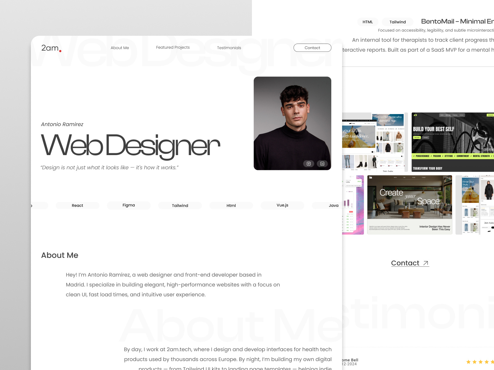Minimal Portfolio Landing Page aesthetic app branding clean design designer minimal modern personal portfolio portfoliodesign professional simple sleek ui uiux ux webdesign white