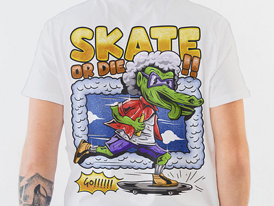 Skate or Die - Crocodile Skater animal animal skate apparel design art cartoon cartoon character character clothing design crocodile funny funny animal funny design illustration pop skate skate or die skateboard skater t shirt design youth culture