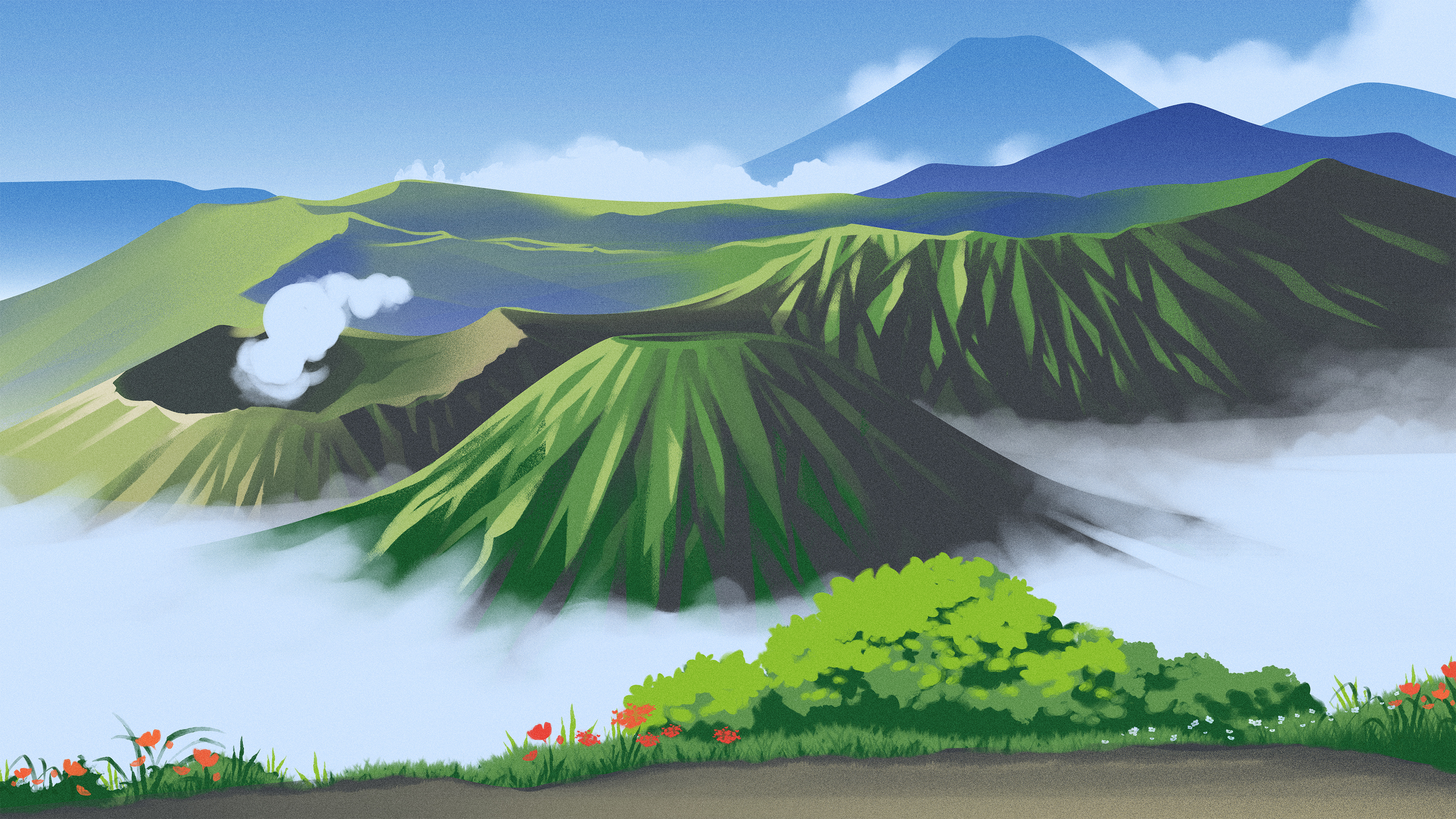Mount Bromo, Indonesia clouds colorful ecosystem flowers green illustration indonesia landscape mountains nature sky summer texture view volcano
