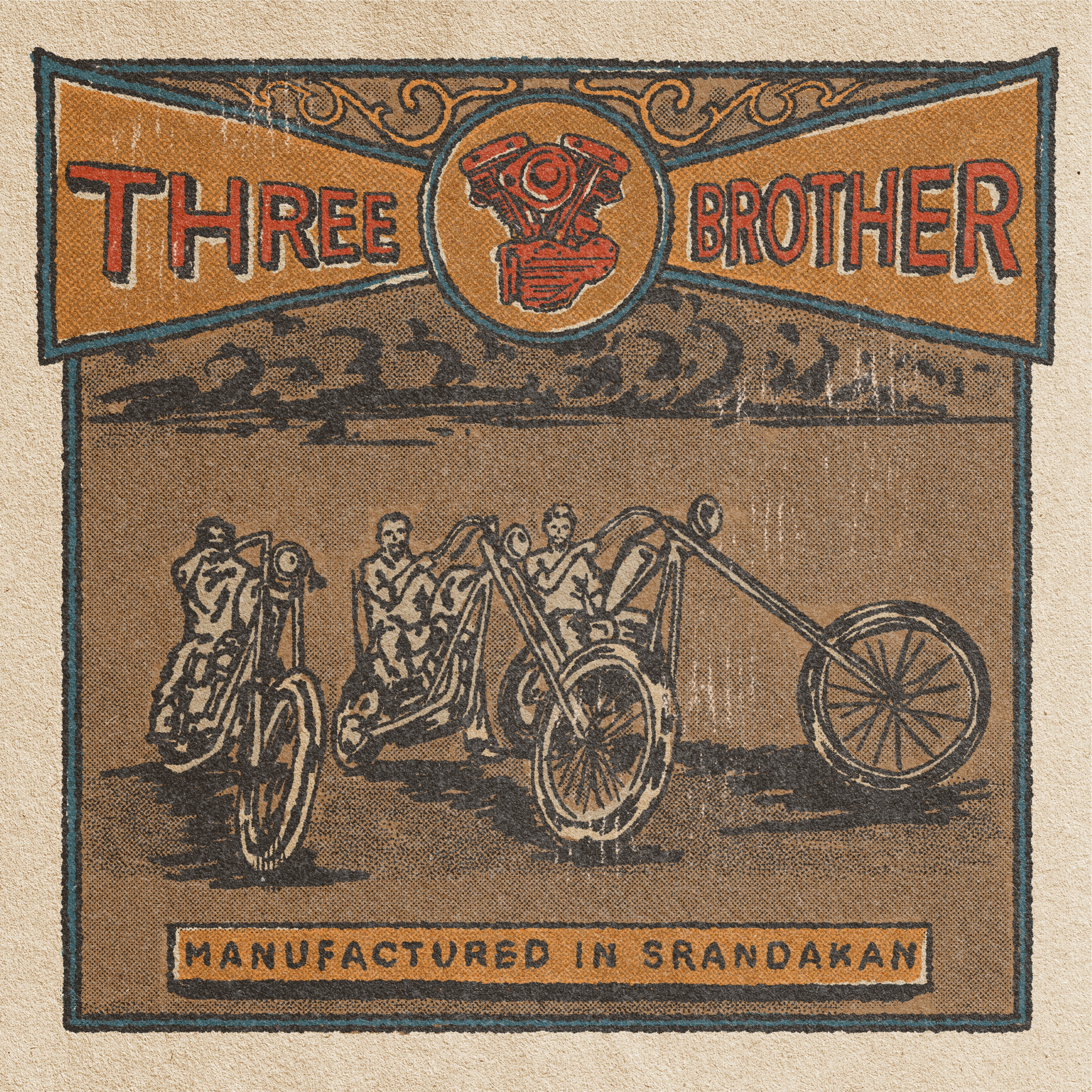 THREE BROTHERS ONE BLOOD MACHINE FOR LIFE badge branding chopper custom motorcycle graphic design machine motorcycle texture vintage badge vintage illustration vintage vibes