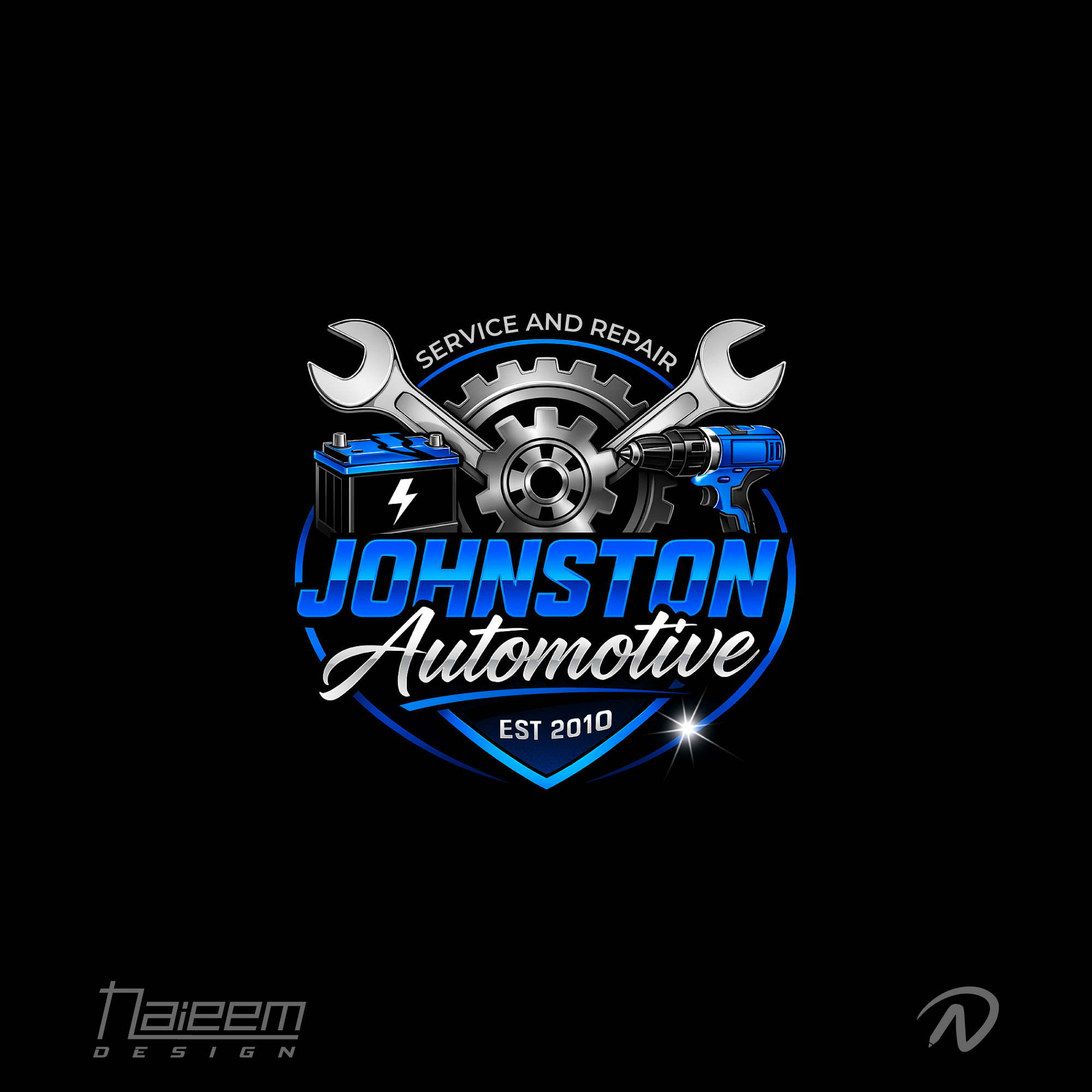 Automotive Logo – Clean & Bold Identity for Garage Professionals automotive repair company logo automotive service logo blue and silver logo design car repair illustration custom automotive identity custom garage logo design drill and battery logo art established business logo garage business branding gear and wrench vector logo johnston automotive identity logo for garage startup mechanic branding package mechanic shop branding modern car repair logo naieem garage logo design professional car repair logo service center logo usa automotive logo vector wrench gear logo
