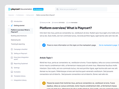 Playrcart – Article Page 📖 blog breadcrumb cateogires clean ui code code block design desktop documentation feedback fintory interface menu sidebar support support center tabs text ui ux